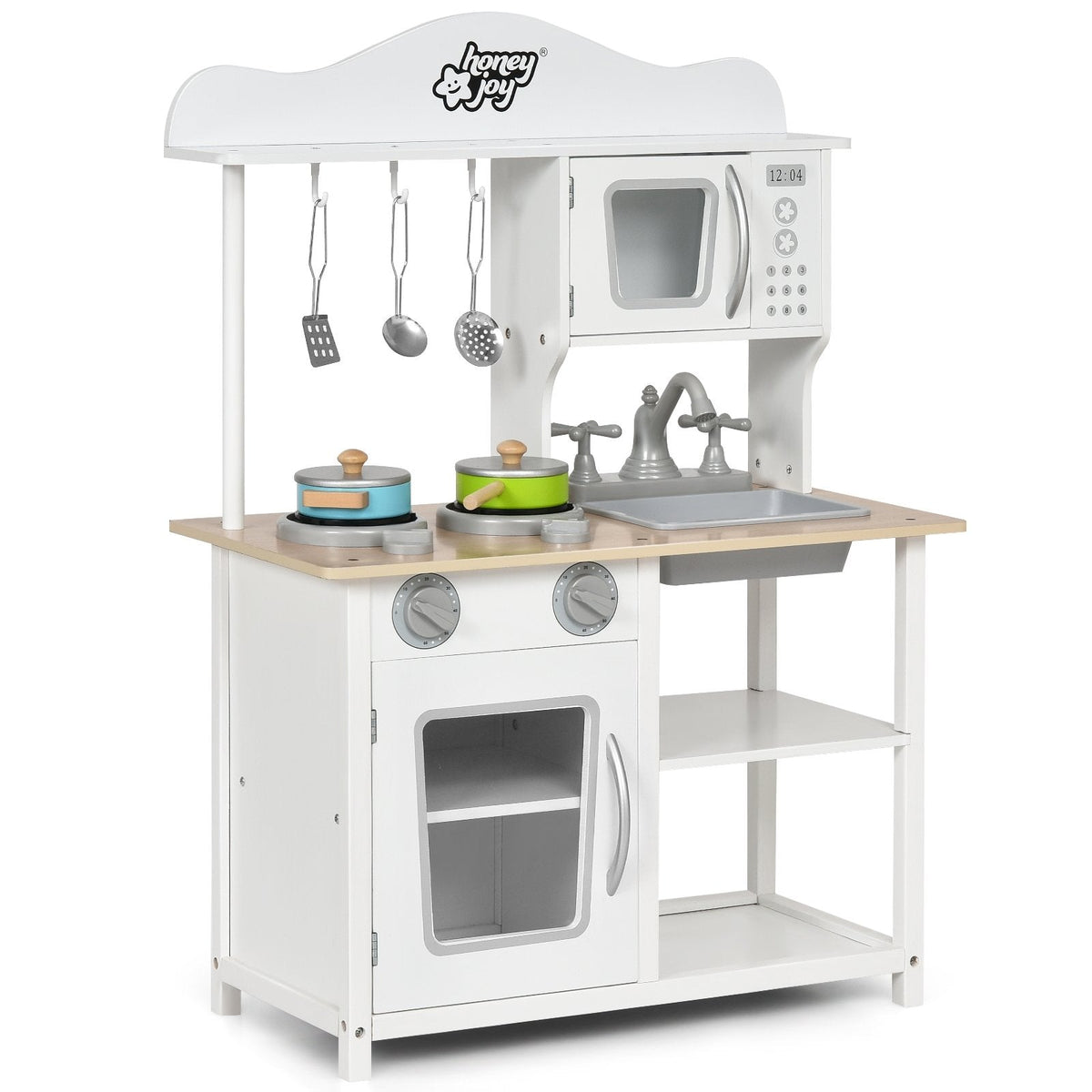 Open Shelf Wooden Play Kitchen for Kids with Removable Sink and Light Up Stove