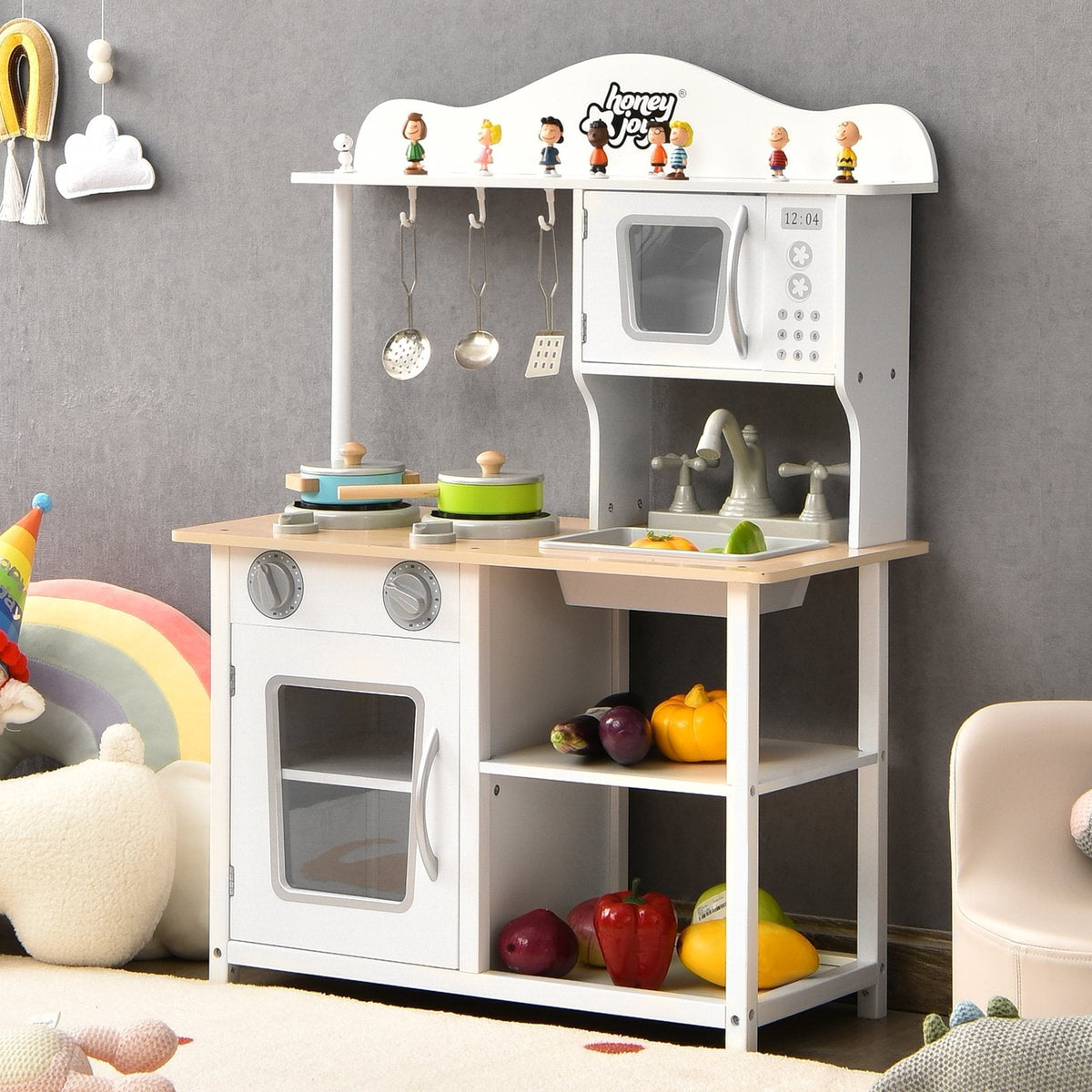 Open Shelf Wooden Play Kitchen for Kids with Removable Sink and Light Up Stove