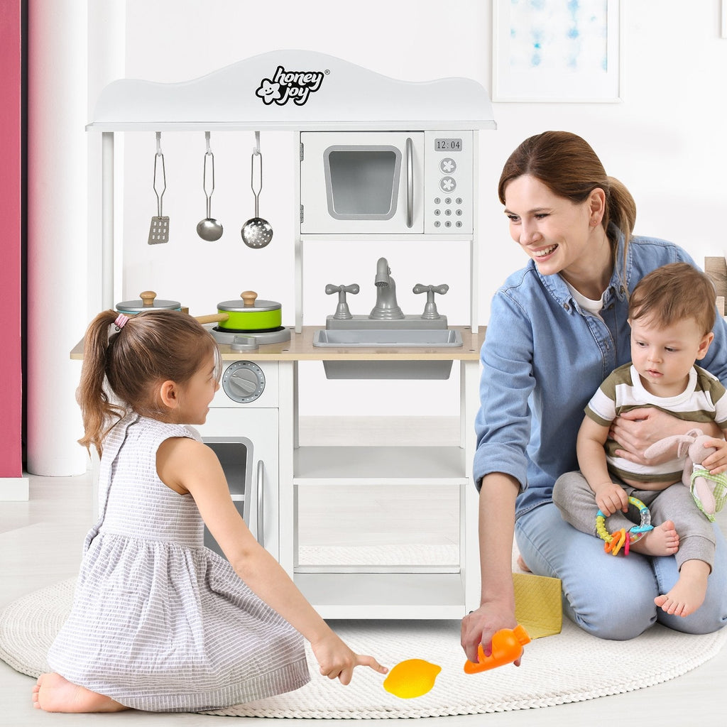 Open Shelf Wooden Play Kitchen for Kids with Removable Sink and Light Up Stove
