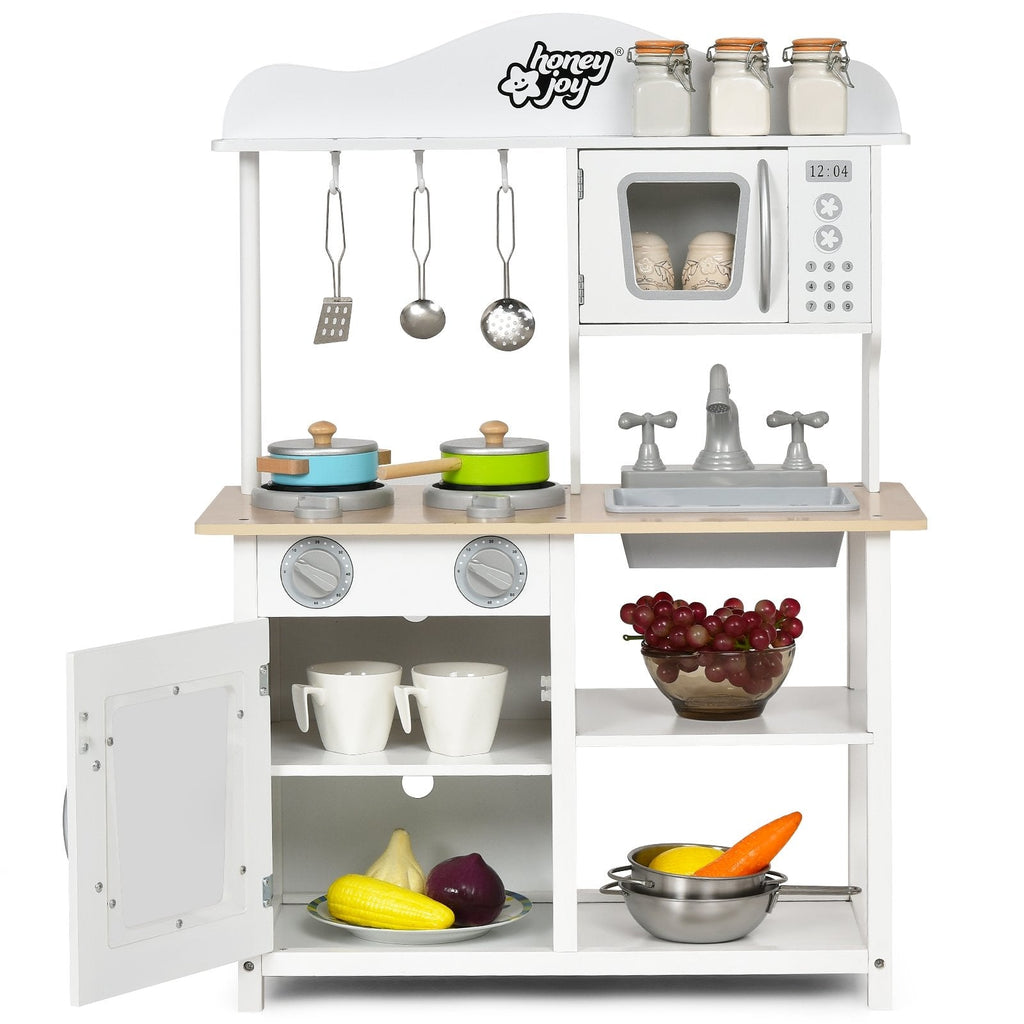 Open Shelf Wooden Play Kitchen for Kids with Removable Sink and Light Up Stove