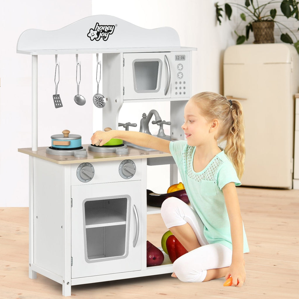 Open Shelf Wooden Play Kitchen for Kids with Removable Sink and Light Up Stove
