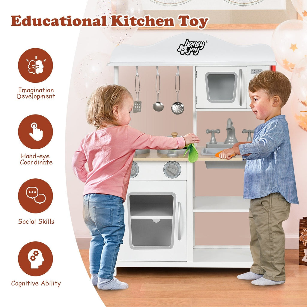 Open Shelf Wooden Play Kitchen for Kids with Removable Sink and Light Up Stove
