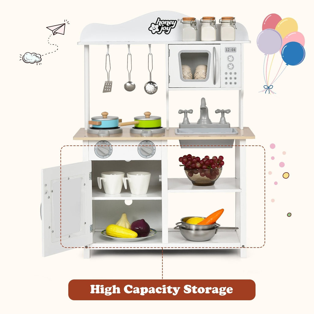 Open Shelf Wooden Play Kitchen for Kids with Removable Sink and Light Up Stove