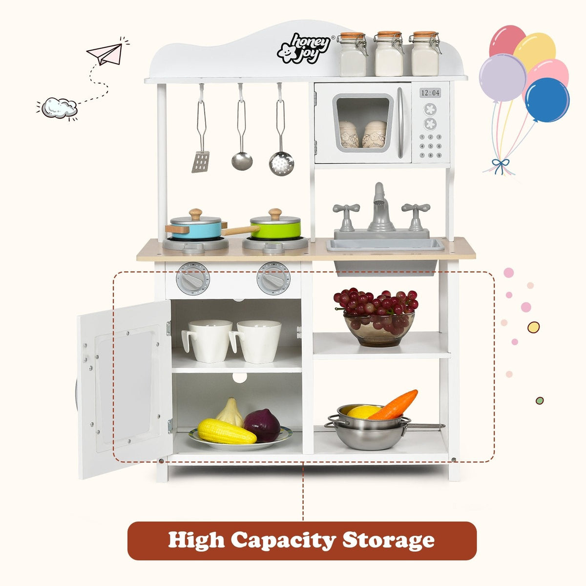 Open Shelf Wooden Play Kitchen for Kids with Removable Sink and Light Up Stove