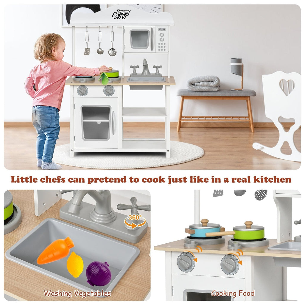 Open Shelf Wooden Play Kitchen for Kids with Removable Sink and Light Up Stove