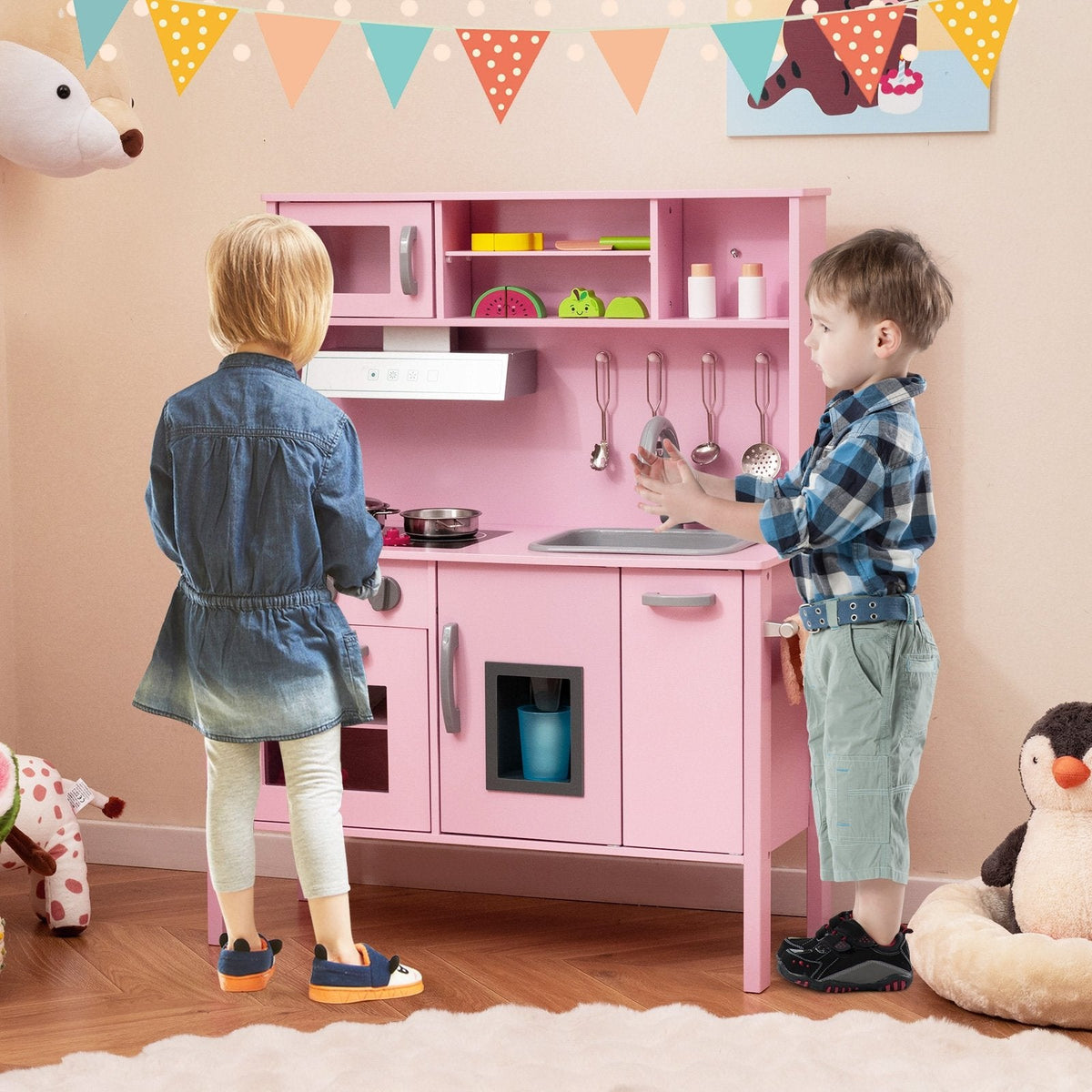 Wooden Pretend Play Kitchen Set for Toddlers-Pink