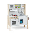White and Pine Play Kitchen for Toddlers with Range Hood, Ice Maker and 18 Accessories