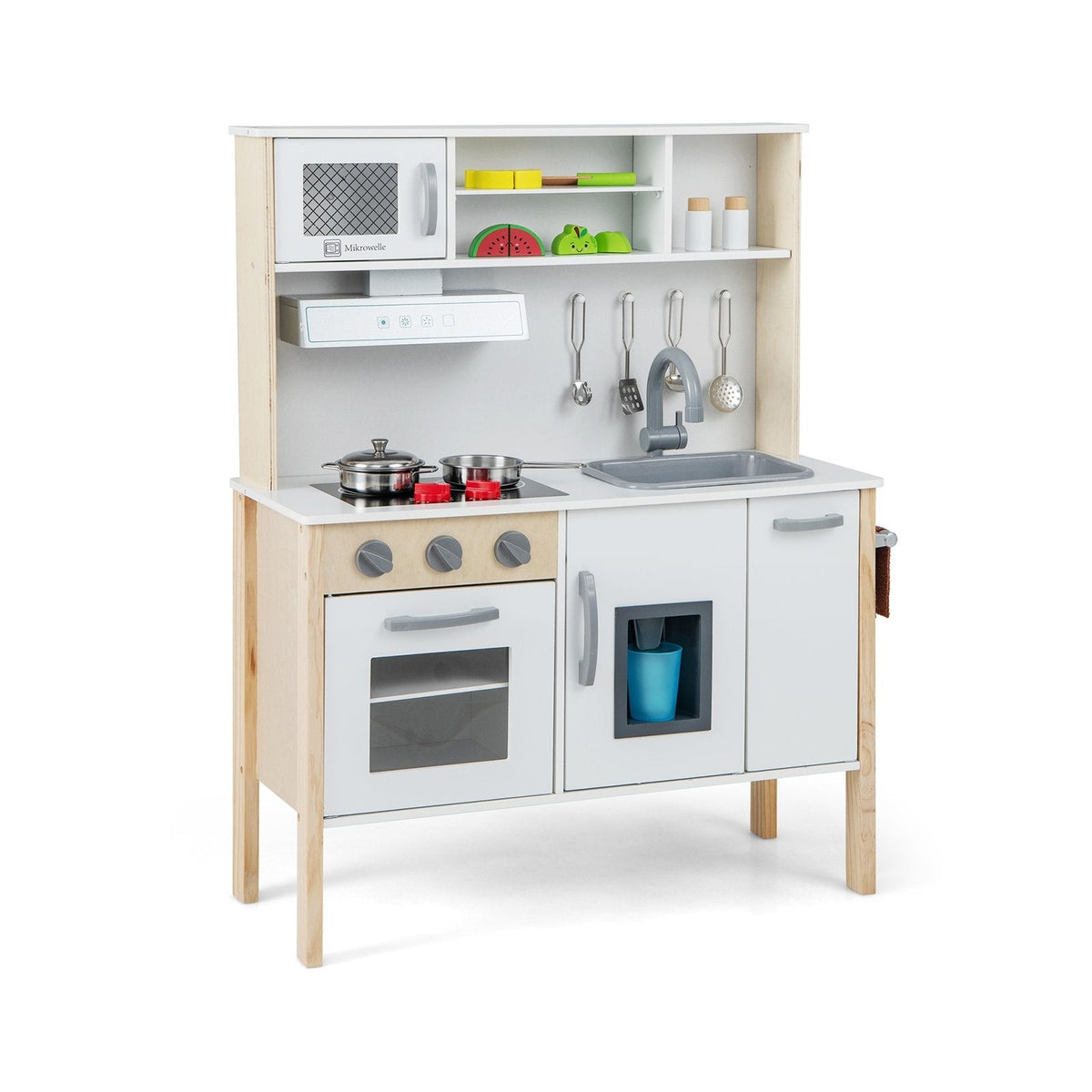 White and Pine Play Kitchen for Toddlers with Range Hood, Ice Maker and 18 Accessories