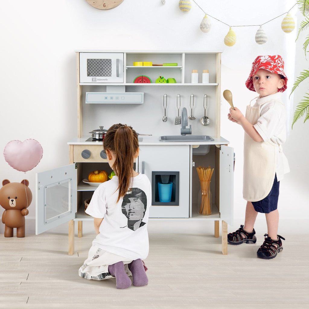 White and Pine Play Kitchen for Toddlers with Range Hood, Ice Maker and 18 Accessories