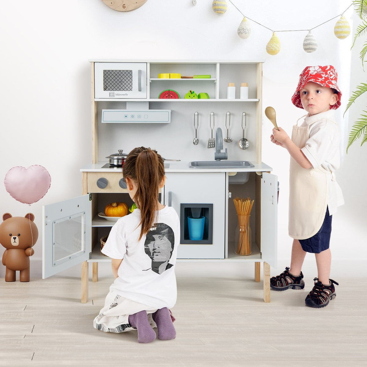 White and Pine Play Kitchen for Toddlers with Range Hood, Ice Maker and 18 Accessories