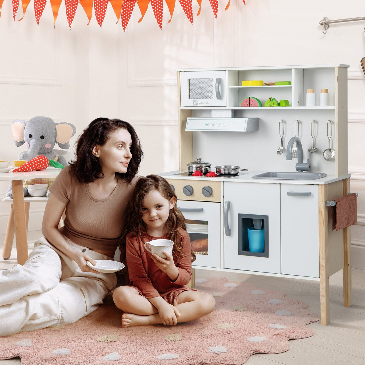 White and Pine Play Kitchen for Toddlers with Range Hood, Ice Maker and 18 Accessories