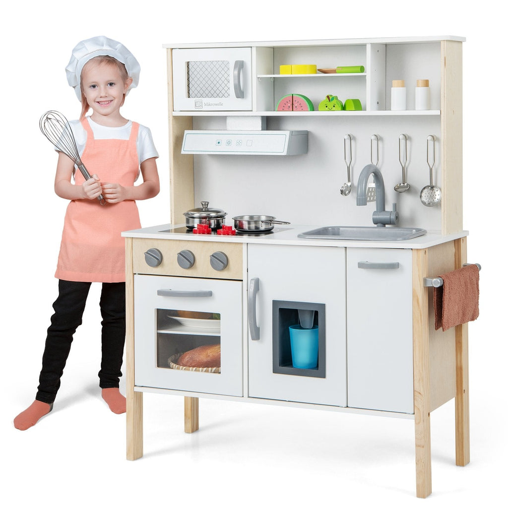 White and Pine Play Kitchen for Toddlers with Range Hood, Ice Maker and 18 Accessories