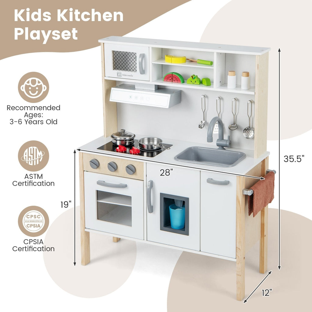White and Pine Play Kitchen for Toddlers with Range Hood, Ice Maker and 18 Accessories