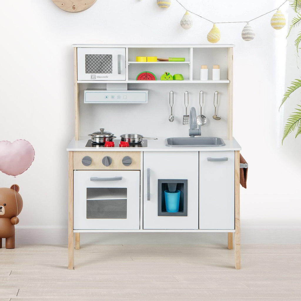 White and Pine Play Kitchen for Toddlers with Range Hood, Ice Maker and 18 Accessories