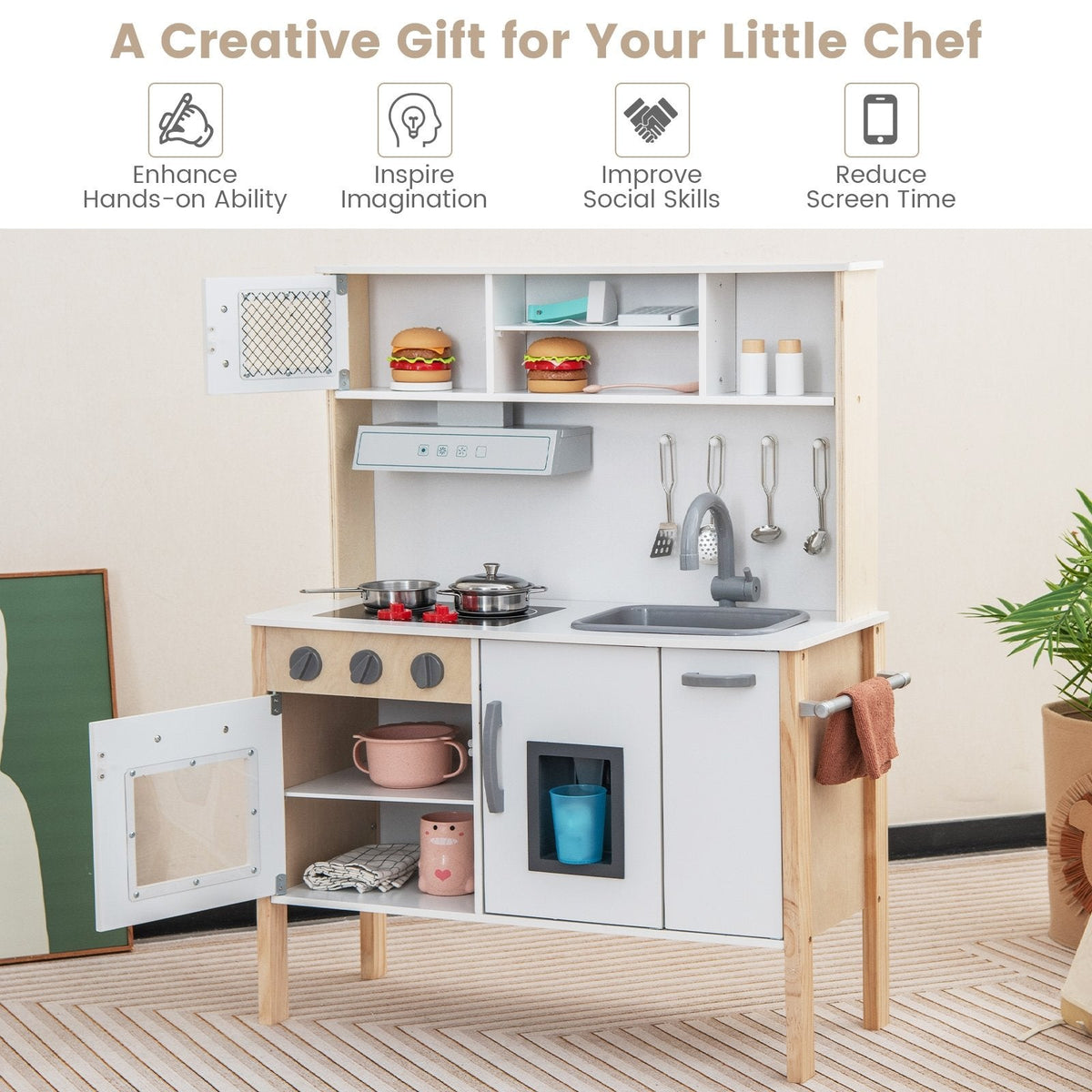 White and Pine Play Kitchen for Toddlers with Range Hood, Ice Maker and 18 Accessories