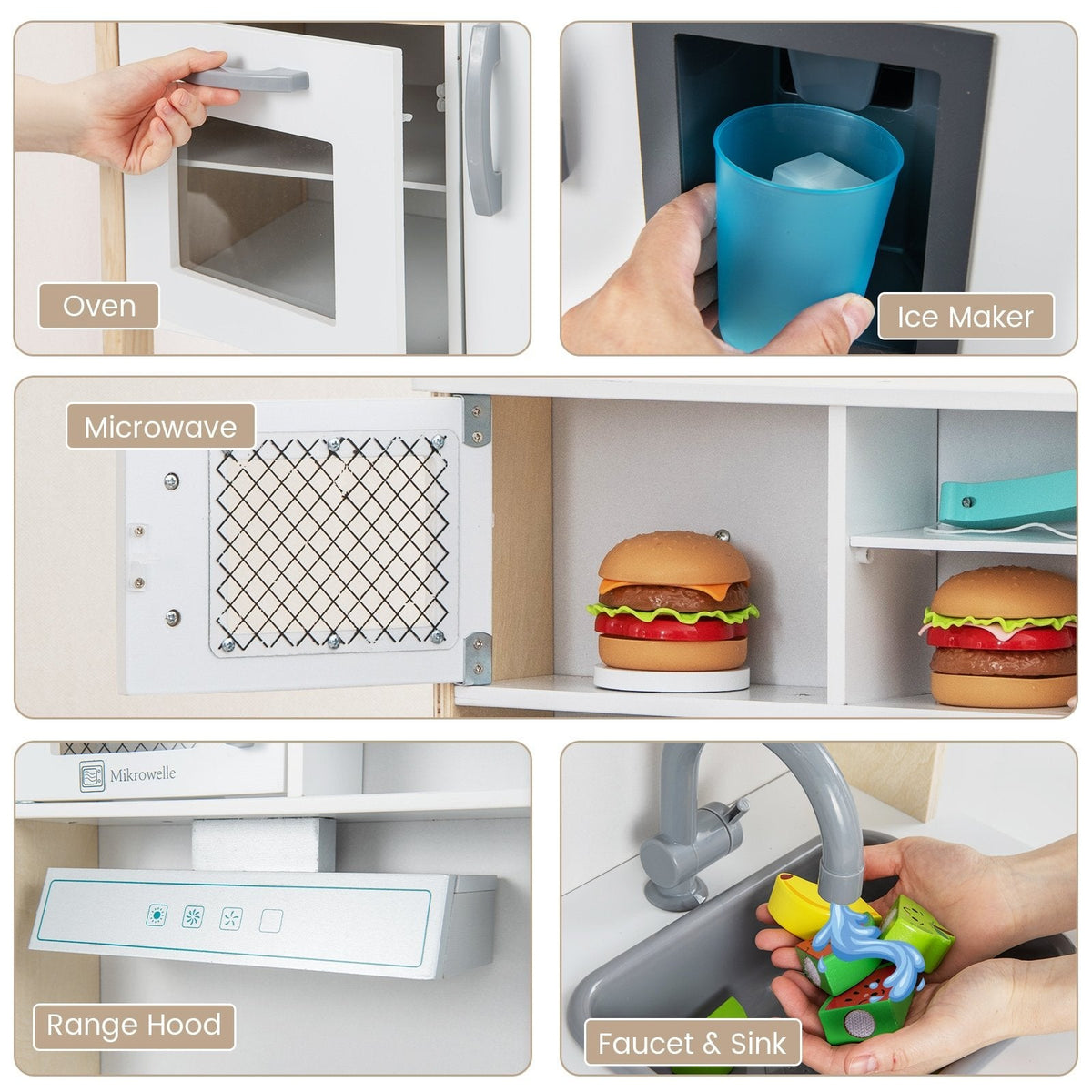 White and Pine Play Kitchen for Toddlers with Range Hood, Ice Maker and 18 Accessories