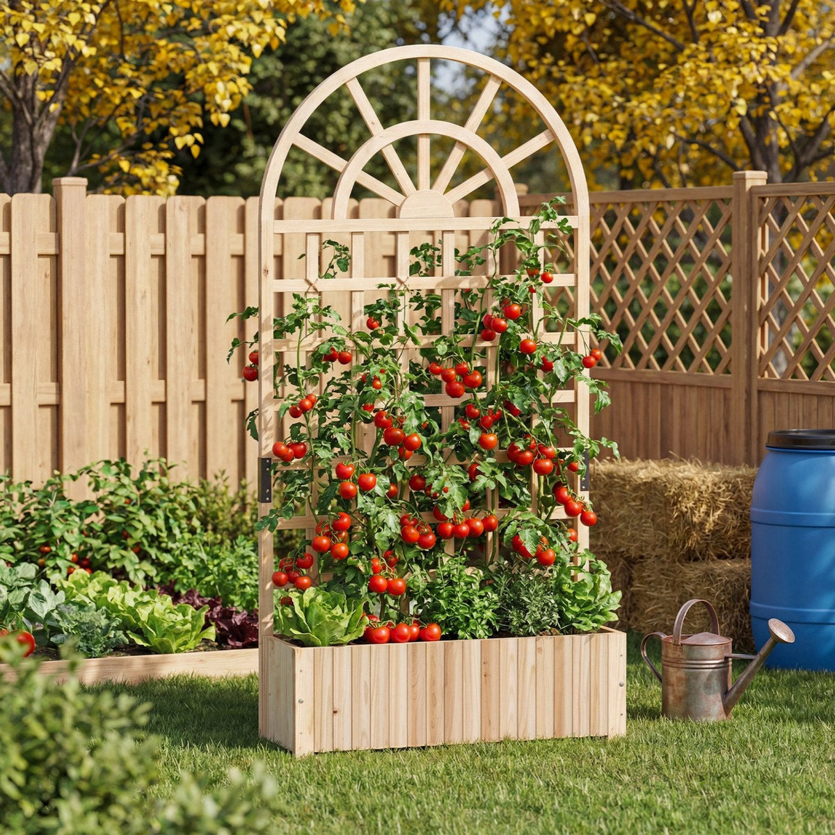 Wooden Raised Garden Bed with Trellis 71 inches Outdoor Planter Box Privacy Screen-Natural