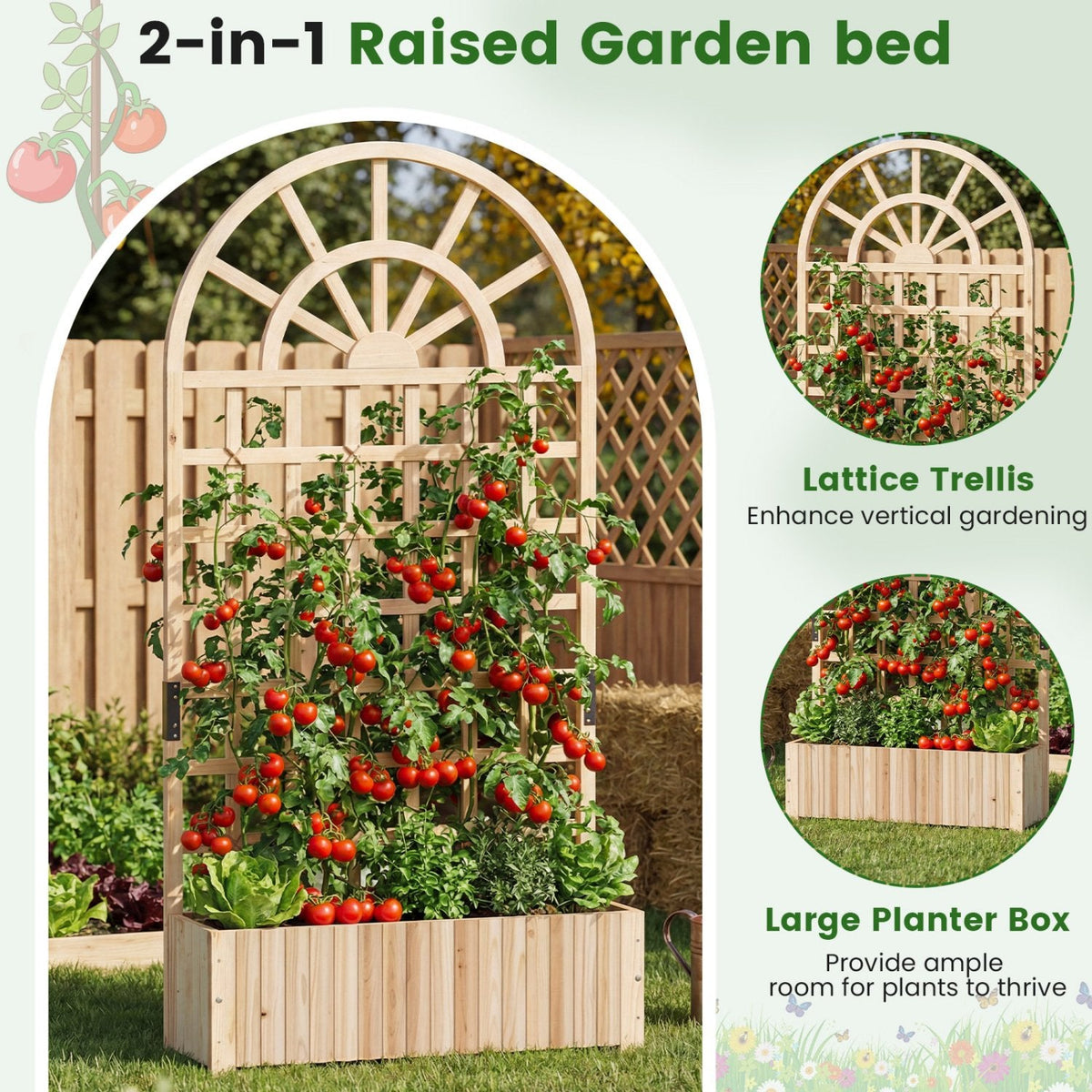 Wooden Raised Garden Bed with Trellis 71 inches Outdoor Planter Box Privacy Screen-Natural