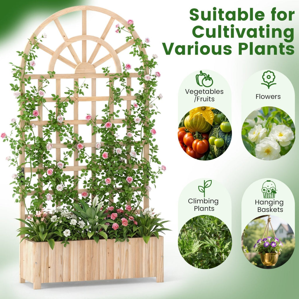 Wooden Raised Garden Bed with Trellis 71 inches Outdoor Planter Box Privacy Screen-Natural