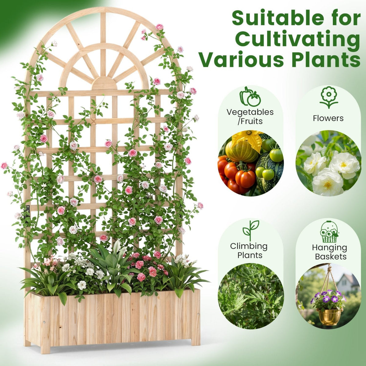 Wooden Raised Garden Bed with Trellis 71 inches Outdoor Planter Box Privacy Screen-Natural
