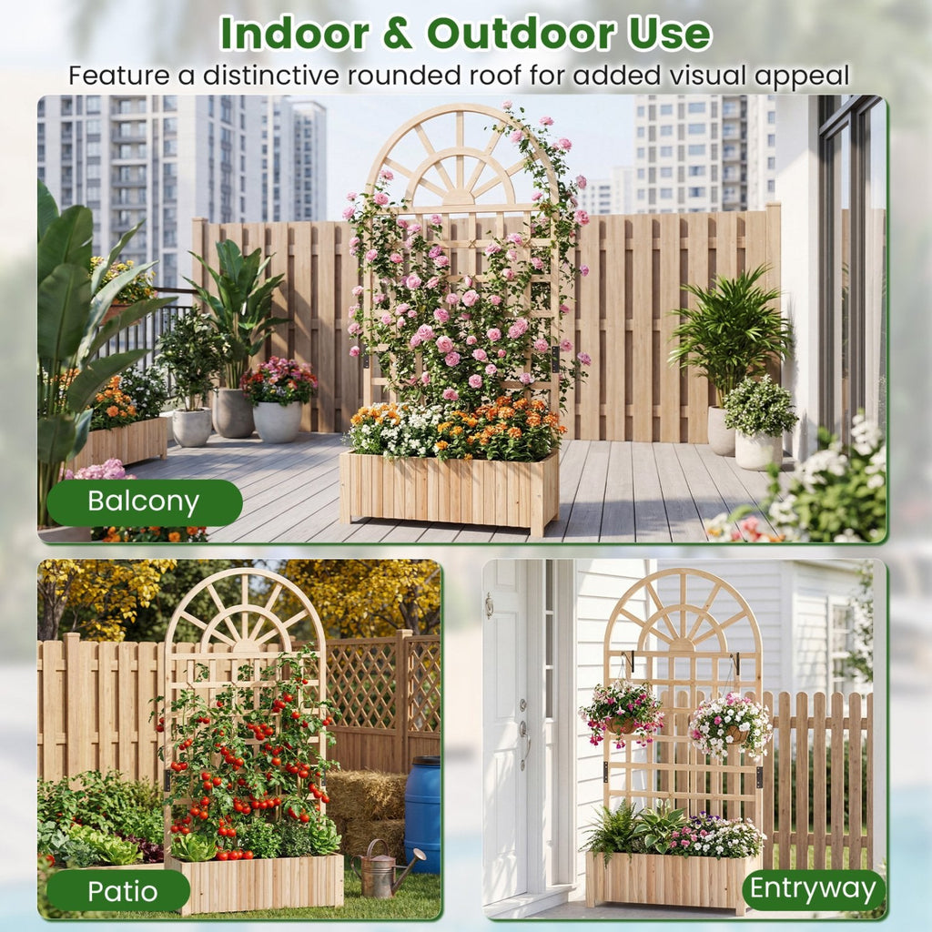 Wooden Raised Garden Bed with Trellis 71 inches Outdoor Planter Box Privacy Screen-Natural