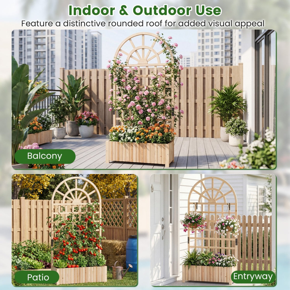 Wooden Raised Garden Bed with Trellis 71 inches Outdoor Planter Box Privacy Screen-Natural