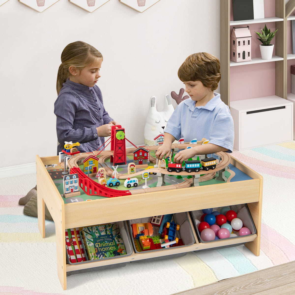 Wooden Train Set Table Kids Multipurpose Activity Play Table with 2 Reversible Tabletops-Gray