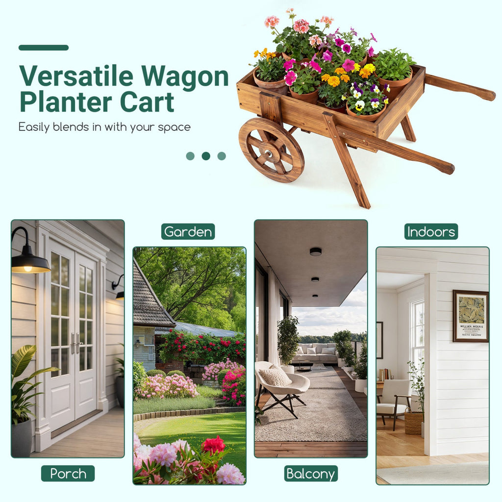 Wooden Wagon Planter with Wheels for Indoor and Outdoor Use-Brown