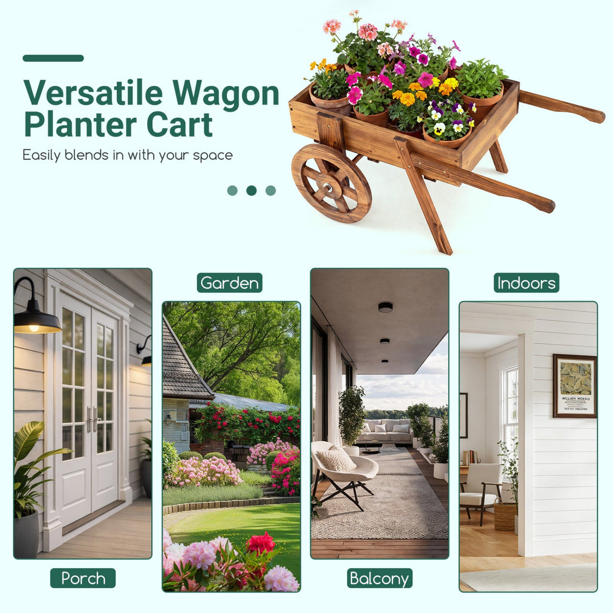 Wooden Wagon Planter with Wheels for Indoor and Outdoor Use-Brown