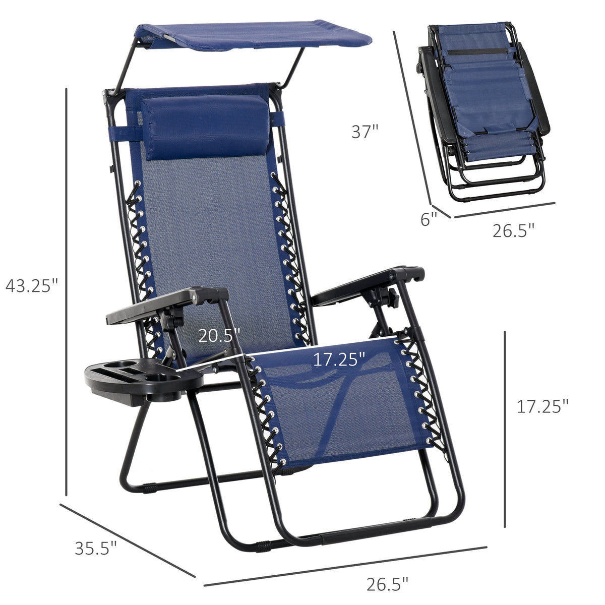 2 Piece Foldable Lounge Chair with Canopy Shade, Outdoor Zero Gravity Chair w/ Side Tray & Cup Holder, Reclining Lounger w/ Breathable Mesh Fabric Seat, Pillow, Sky Blue