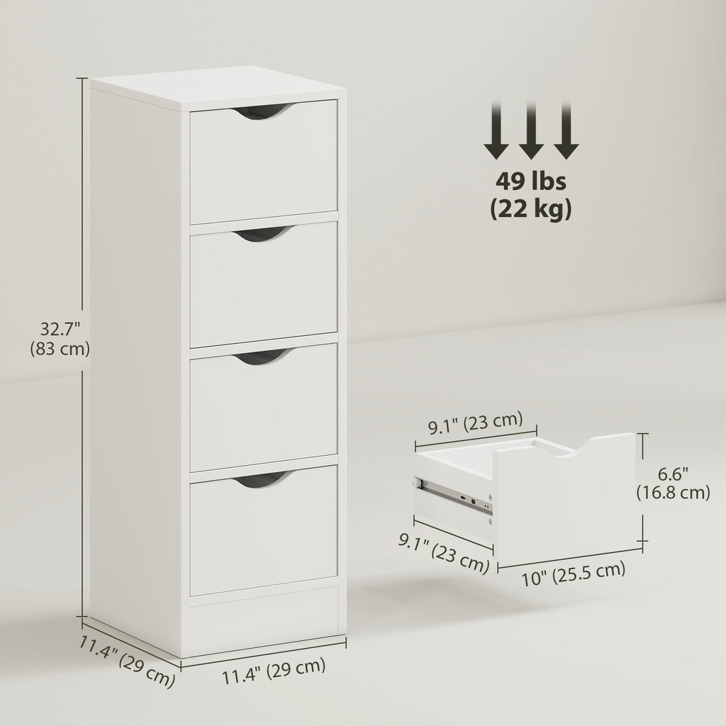 4-Drawer Bathroom Cabinet, Freestanding Narrow Storage Cabinet with Groove Handles for Small Spaces, White