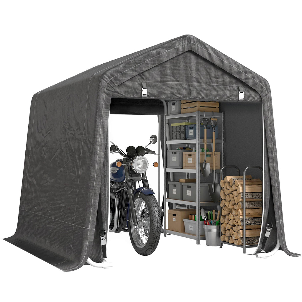 7.9' x 6.6' Garden Storage Tent, Patio Storage Shelter w/ Metal Frame and Double Zipper Doors, Dark Grey
