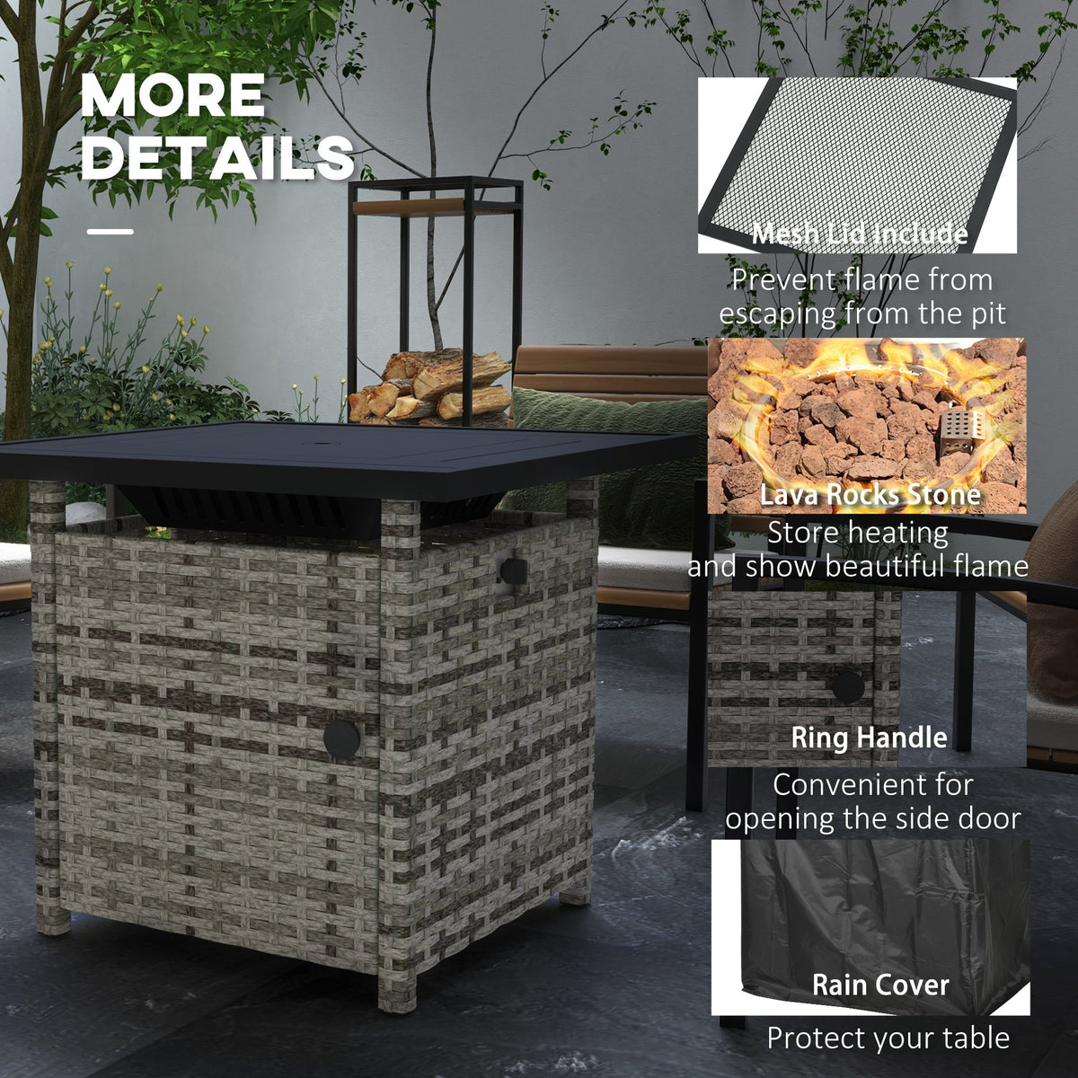 Outdoor PE Rattan Propane Fire Pit Table, 50,000 BTU Pulse-Ignition Wicker Fire Table, Mixed Grey