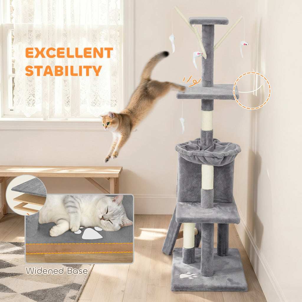 53" Cat Tree Tower, Kitten Activity Centre with Scratching Posts, Condo, Perches, Ladder, Hammock, Dangling Toys, Grey