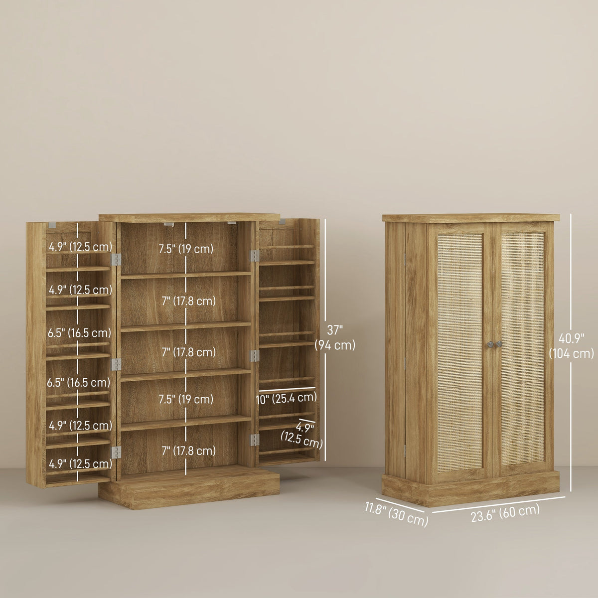 41" Rattan Kitchen Storage Cabinet, Food Pantry Cabinet with 5-Tier Shelf 12 Spice Racks Adjustable Shelves Natural