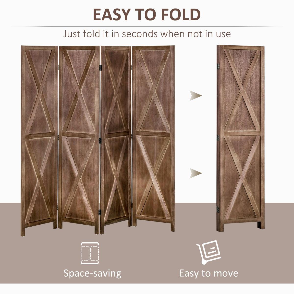 4-panel Wall Partition Farmhouse Room Separator with Foldable Design Wooden Frame 5.6FT, Walnut