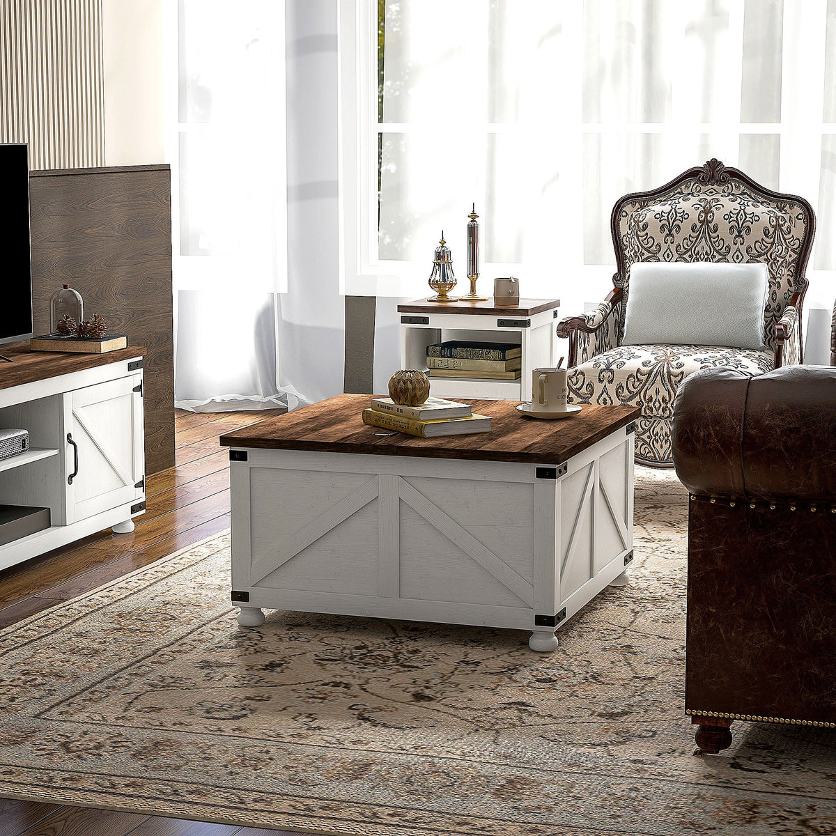 Coffee Table with Lift Top, 32" Farmhouse Center Table with Hidden Compartment for Living Room, Antique White