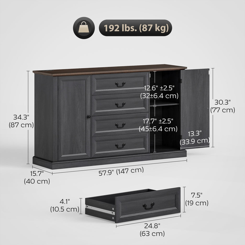 Farmhouse Sideboard with Charging Station, 58" Buffet Cabinet, Kitchen Storage Cabinet with 4 Drawers, 2 Doors, Black