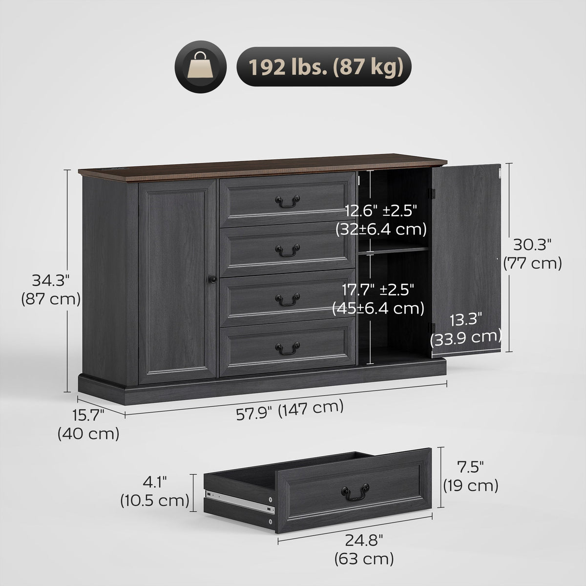 Farmhouse Sideboard with Charging Station, 58" Buffet Cabinet, Kitchen Storage Cabinet with 4 Drawers, 2 Doors, Black