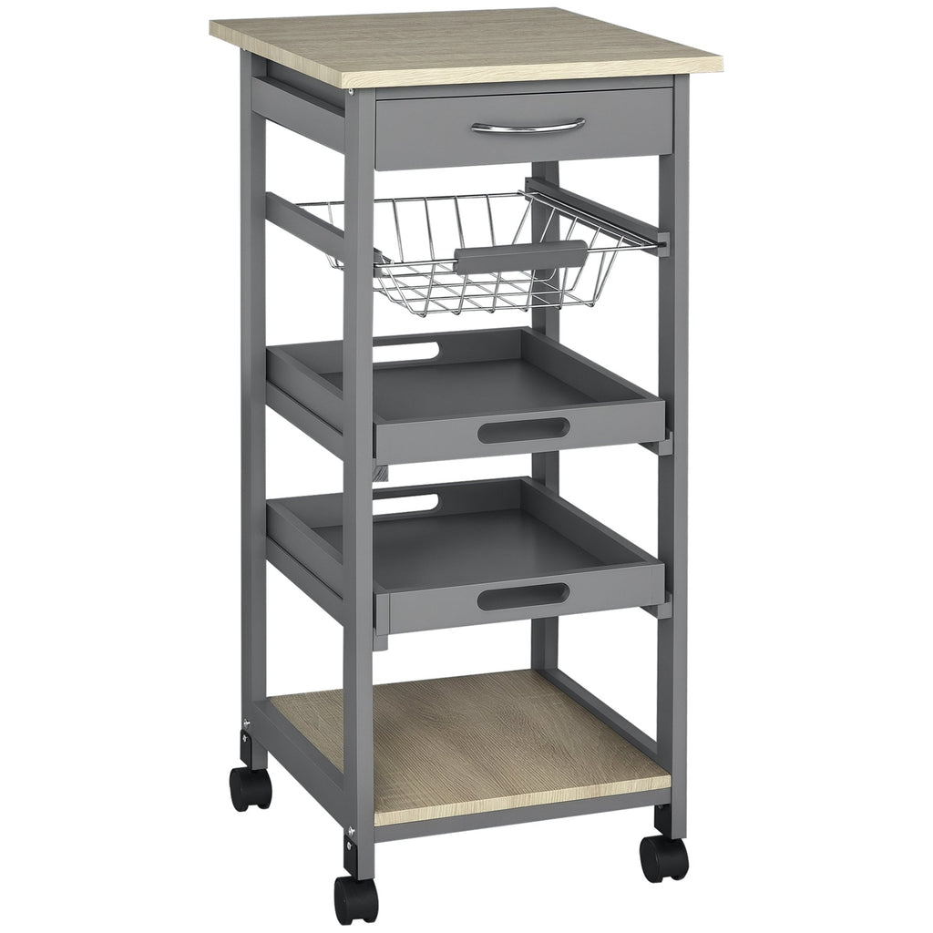 Rolling Kitchen Island Cart, Mobile Utility Storage Cart with Drawer, Wire Storage Basket, Removable Tray, Grey